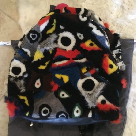 FENDI Shearling Patchwork Monster Eyes Backpack Black Multicolor UNISEX - Picture 1 of 5
